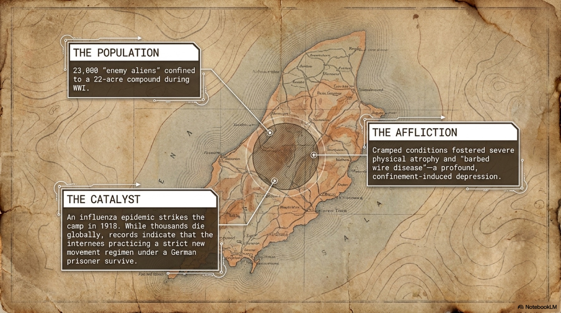 Map-style Biomechanical Dossier slide about internment, illness, and the origin catalyst